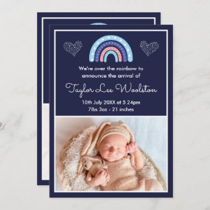 Boho Rainbow Girl Navy Blue Birth Announcement