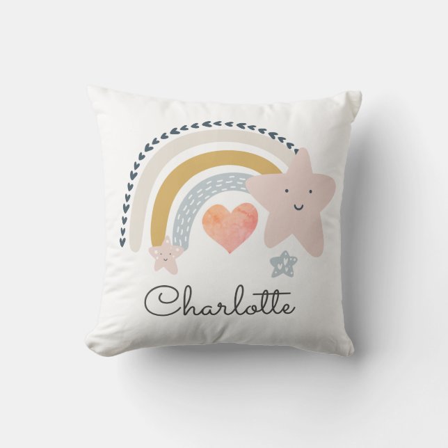 Boho Rainbow Girl Personalized Nursery Throw Pillow (Front)