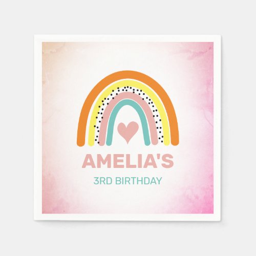 Boho Rainbow Girls 3rd Birthday Party Napkins