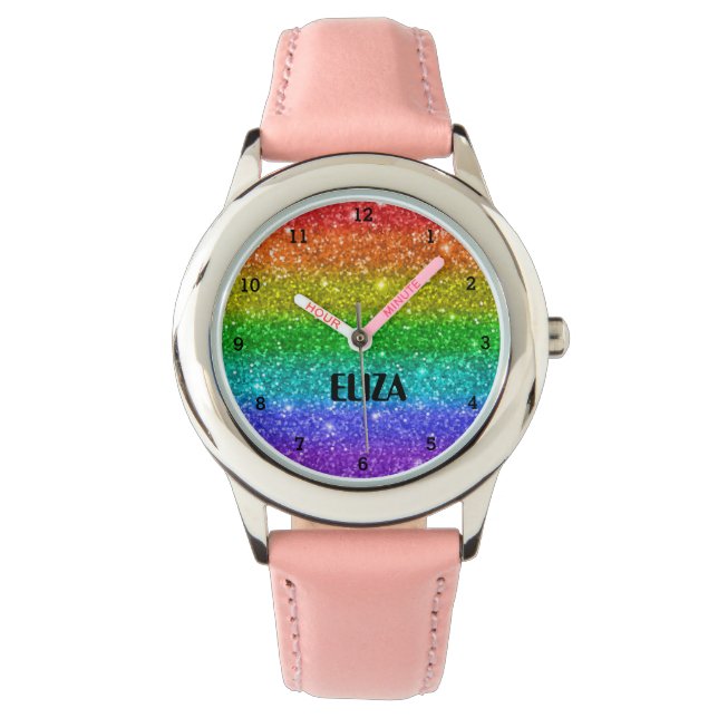Boho Rainbow Glitter Cute Girls Pink Kids Watch (Front)