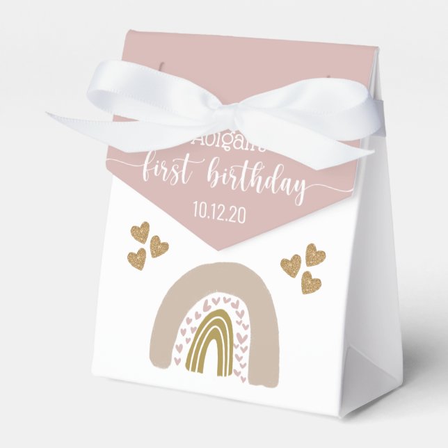 Boho Rainbow Glitter Heart First Birthday Favor Bo Favor Boxes (Front Side)