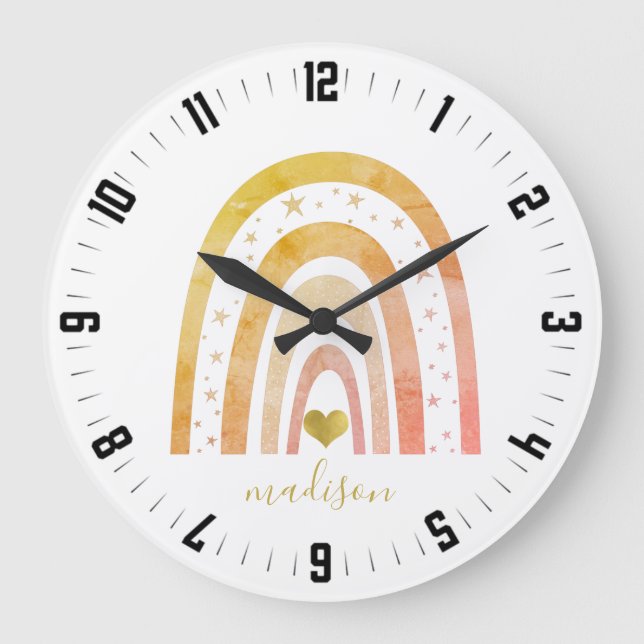 Boho Rainbow Gold Foil Heart Stars Personalized Large Clock (Front)