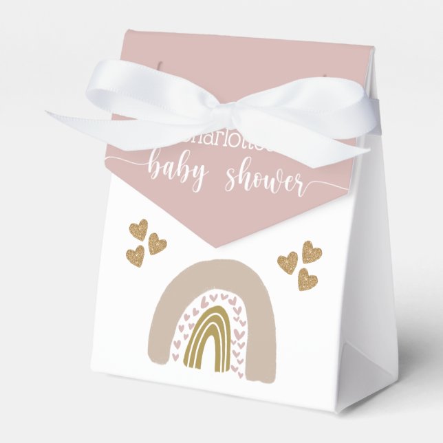 Boho Rainbow Gold Glitter Heart Baby Girl Shower F Favor Boxes (Front Side)