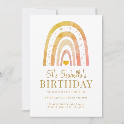 Boho Rainbow Gold Kids Birthday Party Invitation