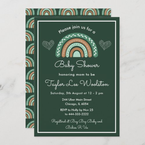 Boho Rainbow Green and Brown Baby Shower Invitation