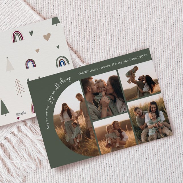 Boho Rainbow & Heart Arch Green Joy In All 5 Photo Holiday Card (Creator Uploaded)