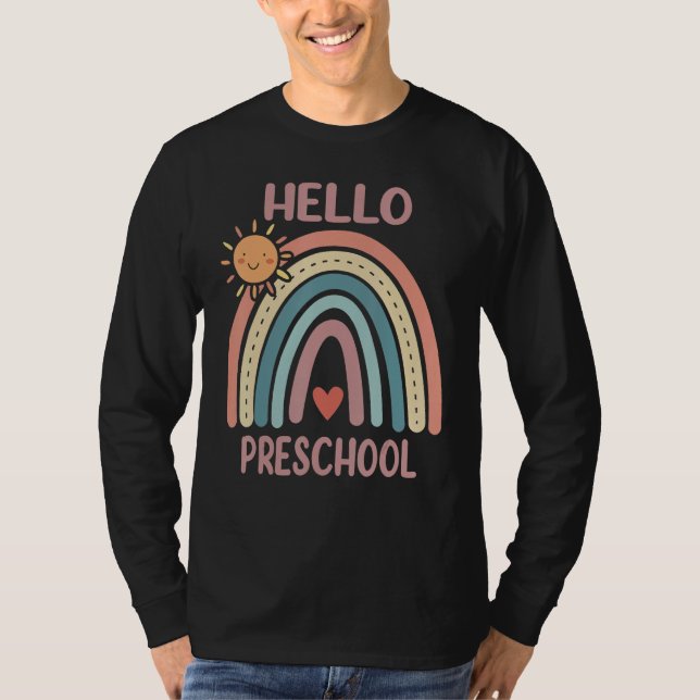 Boho Rainbow Heart For Teachers Women Hello Presch T-Shirt (Front)