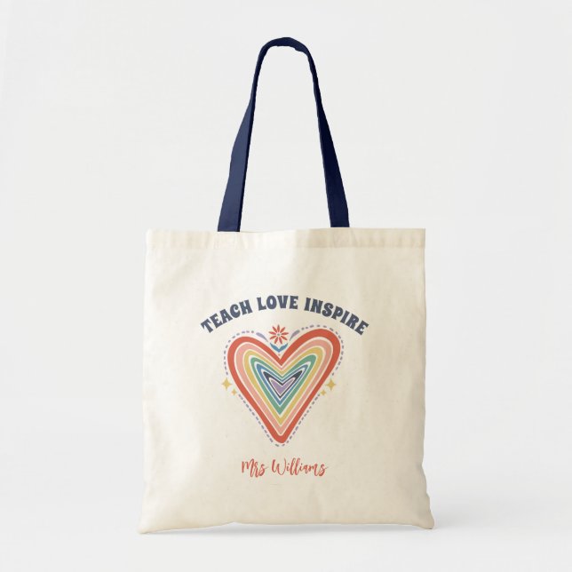 Boho Rainbow Heart Personalized Teacher Name Tote Bag (Front)