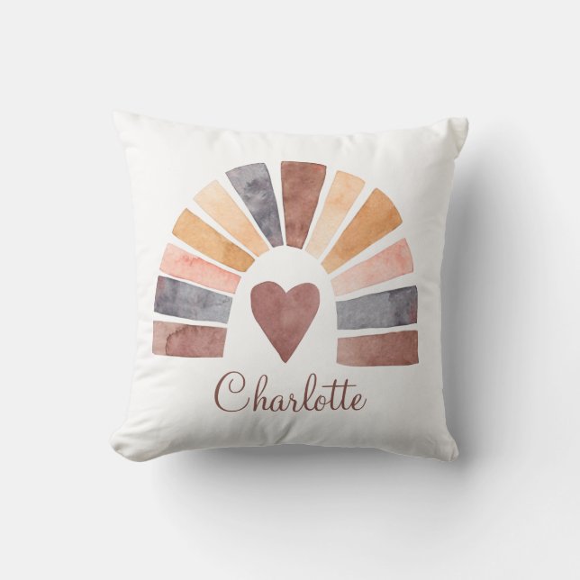 Boho Rainbow Heart Terracotta Bisque Nursery Throw Pillow (Front)