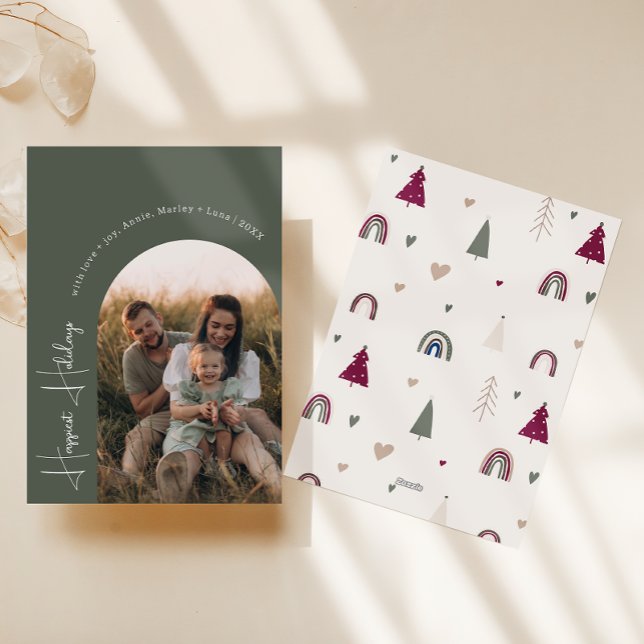 Boho Rainbow & Hearts Arch Green Photo Happiest Holiday Card (Creator Uploaded)