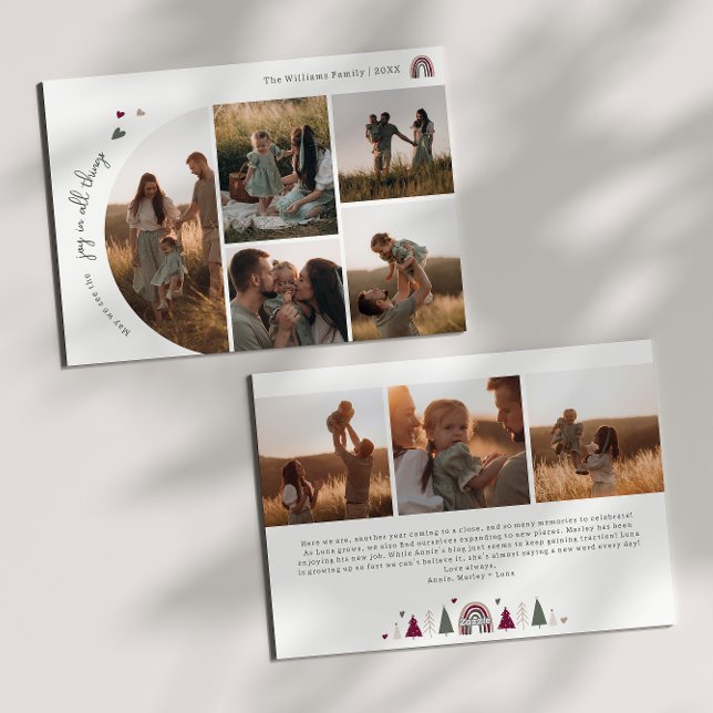 Boho Rainbow & Hearts Joy In All Things 8 Photo Holiday Card (Creator Uploaded)