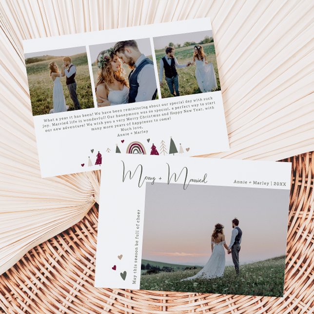 Boho Rainbow & Hearts Merry & Married Four Photo Holiday Card (Creator Uploaded)