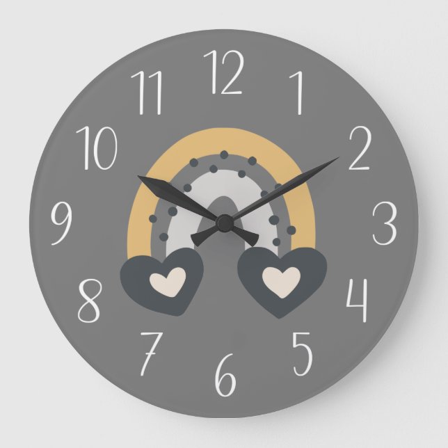 Boho Rainbow Hearts on Gray Large Clock (Front)