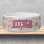Boho Rainbow in Pink Name Template Pet Bowl<br><div class="desc">Boho and Whimsical Rainbow Personalized Pet Bowls with Name Template: Stylish, Trendy, and Adorable! Our custom-designed bowls feature a rainbow doodle pattern in pink, purple, yellow and white, perfect for both cats and dogs. Personalize with your pet's name for a unique touch. These preppy and stylish bowls add charm to...</div>