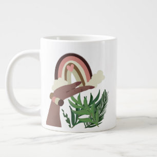 Boho Rainbow in Woman Hand Greenery Giant Coffee Mug