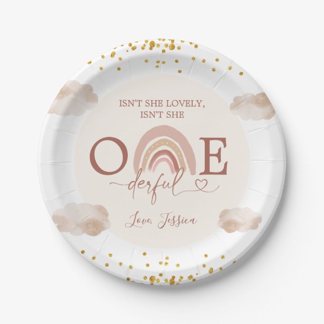 Boho Rainbow Isn't She Onederful Birthday Paper Plates (Front)