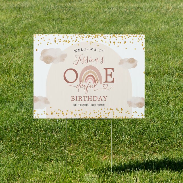 Boho Rainbow Isn't She Onederful Welcome Yard Sign (Insitu)