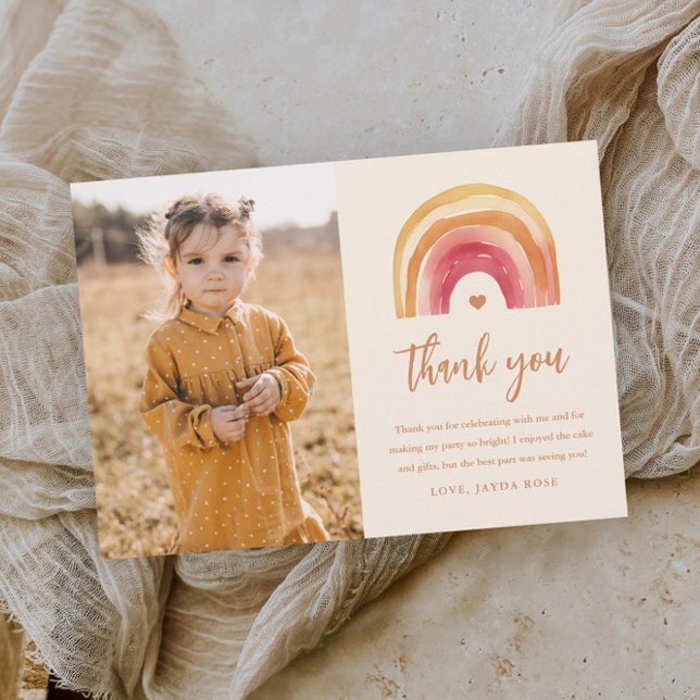 Boho Rainbow Kids Photo Birthday Thank You Card (Boho rainbow kids photo birthday party thank you card.)