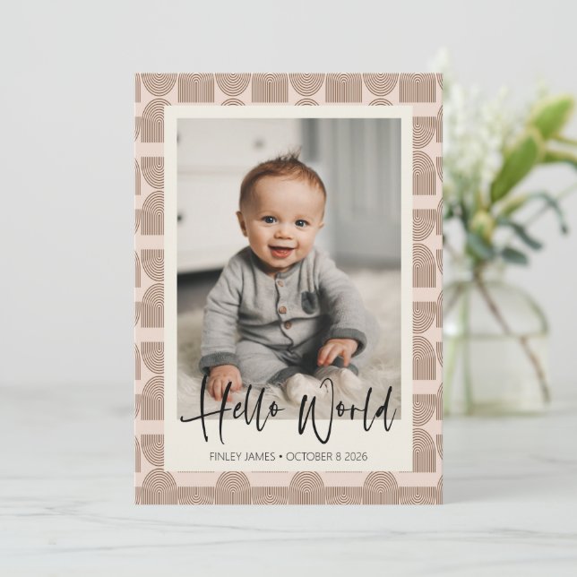 Boho Rainbow Lines Terracotta Newborn Photo Birth Announcement (Standing Front)
