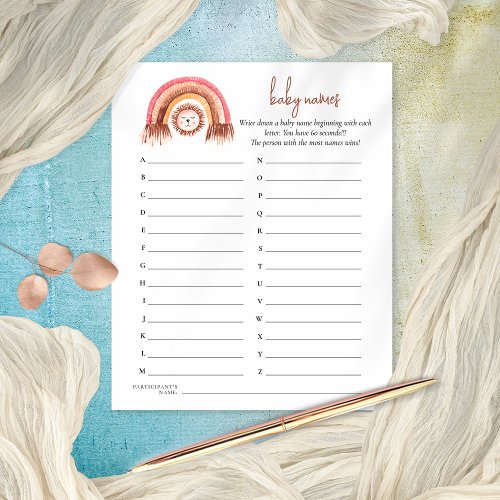 Boho Rainbow Lion Baby Names Shower Game Flyer