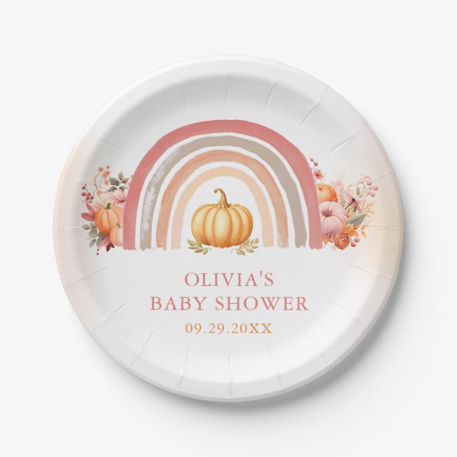 Boho Rainbow Little Pumpkin Fall Baby Shower Paper Plates (Front)