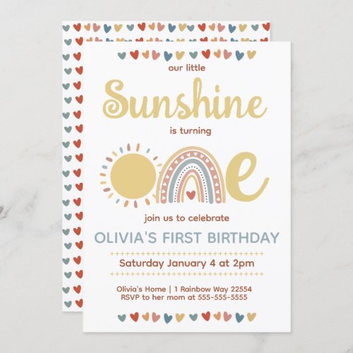 Boho Rainbow  Little Sunshine First Birthday Invitation
