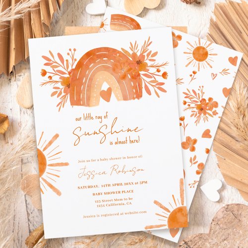 Boho rainbow little sunshine orange baby shower invitation