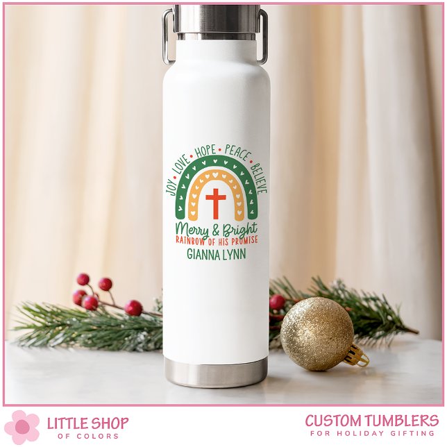 Boho Rainbow Merry & Bright Christmas Water Bottle (Creator Uploaded)