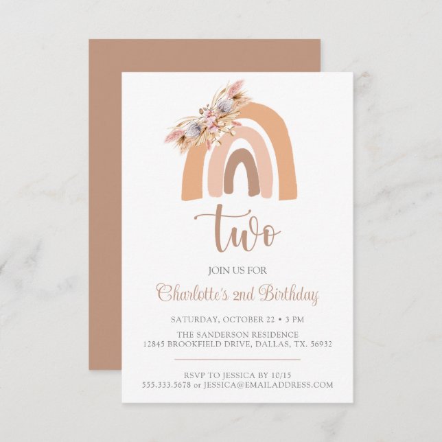 Boho Rainbow Minimalist Pampas Grass Birthday Invitation (Front/Back)