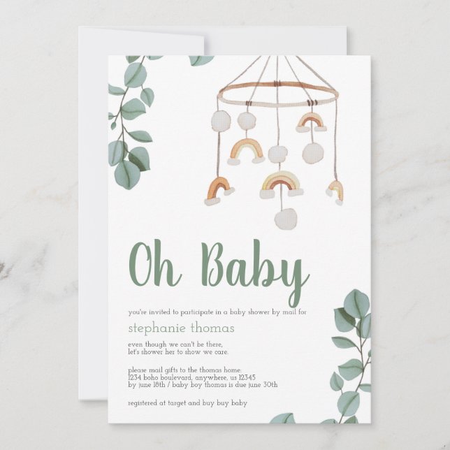Boho Rainbow Mobile Baby Shower by Mail Greenery Invitation (Front)