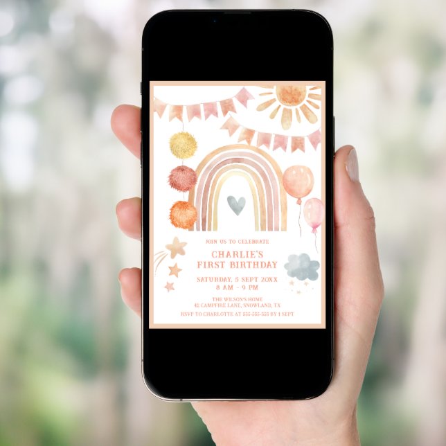 Boho Rainbow Modern Kids Birthday Invitation (Front Digital)