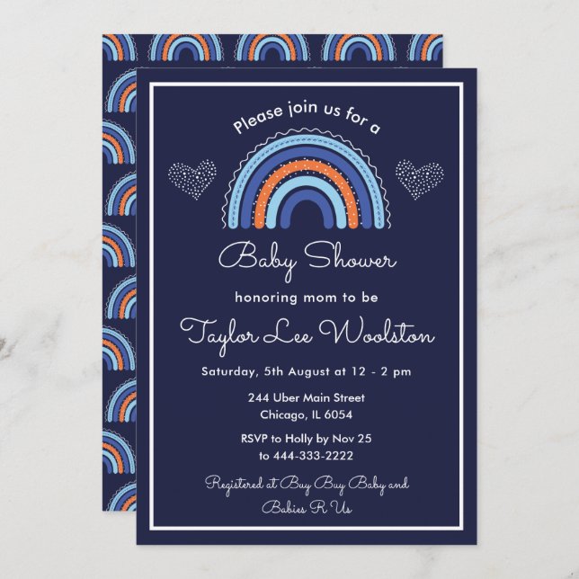 Boho Rainbow Navy Blue Baby Shower Invitation (Front/Back)