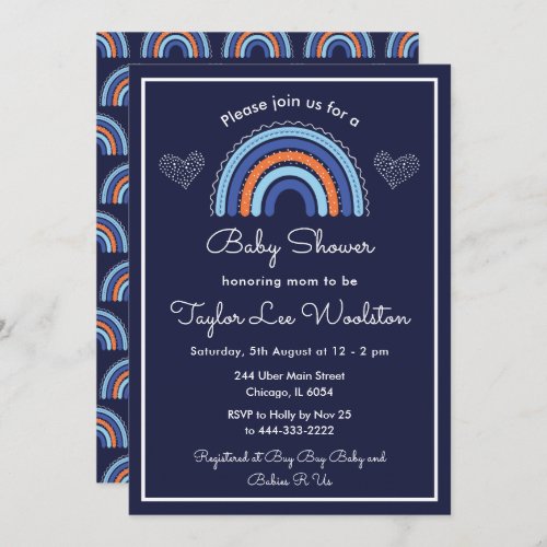 Boho Rainbow Navy Blue Baby Shower Invitation