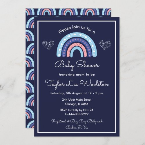 Boho Rainbow Navy Blue Girl Baby Shower Invitation