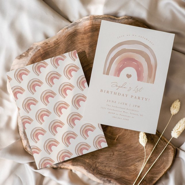 Boho Rainbow Neutral Kids Birthday Party Invitation (Boho rainbow neutral kids birthday party invitation.)