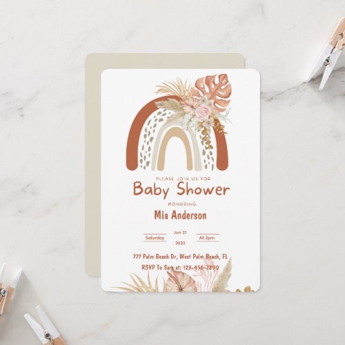 Boho Rainbow Neutral Pampas Grass Baby Shower Invitation