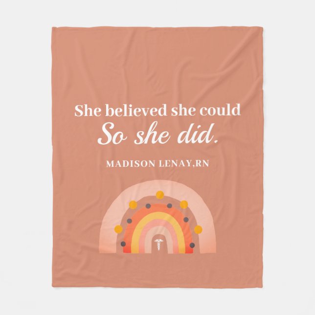Boho Rainbow Nurse Inspirational She Believed Name Fleece Blanket (Front)