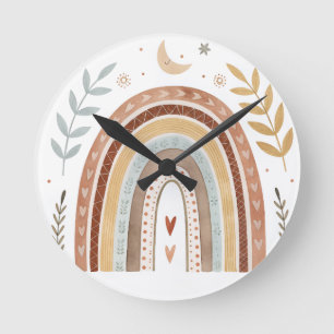 Boho Rainbow Nursery Print – Neutral Earthy Tone Round Clock