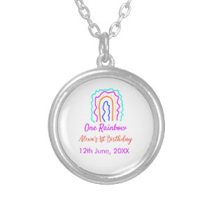 Boho Rainbow one birthday kids bright retro bold Silver Plated Necklace