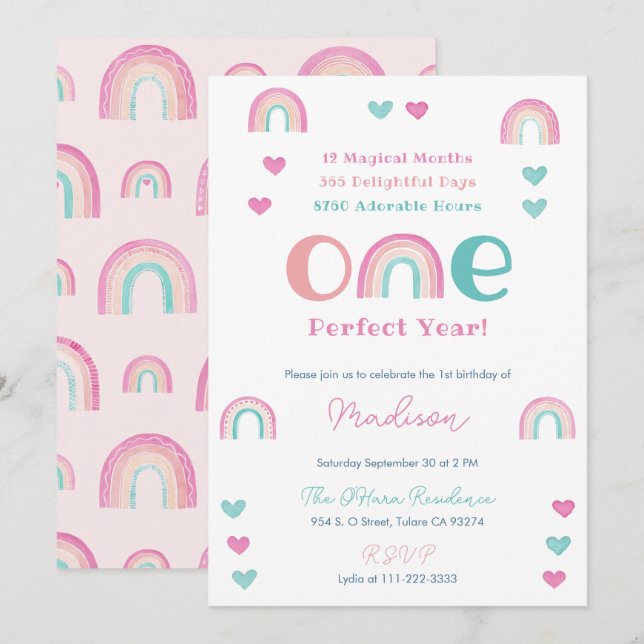 Boho Rainbow One Perfect Year 1st Birthday Party Invitation (Front/Back)