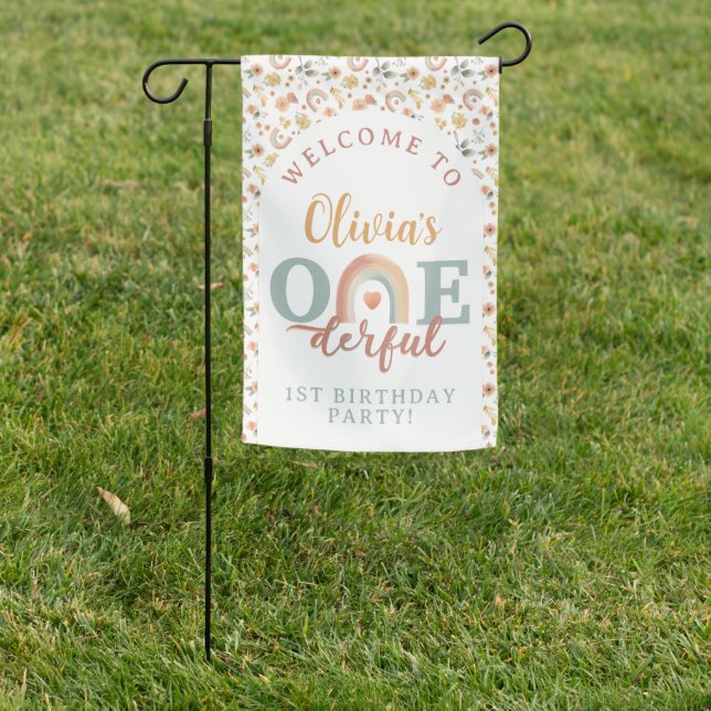 Boho Rainbow Onederful 1st Birthday Garden Flag –  (In SItu)