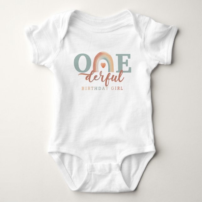 Boho Rainbow Onederful Birthday Girl Baby Bodysuit (Front)