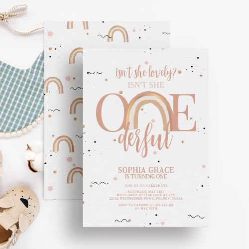 Boho Rainbow Onederful Girl 1st Birthday Party Invitation