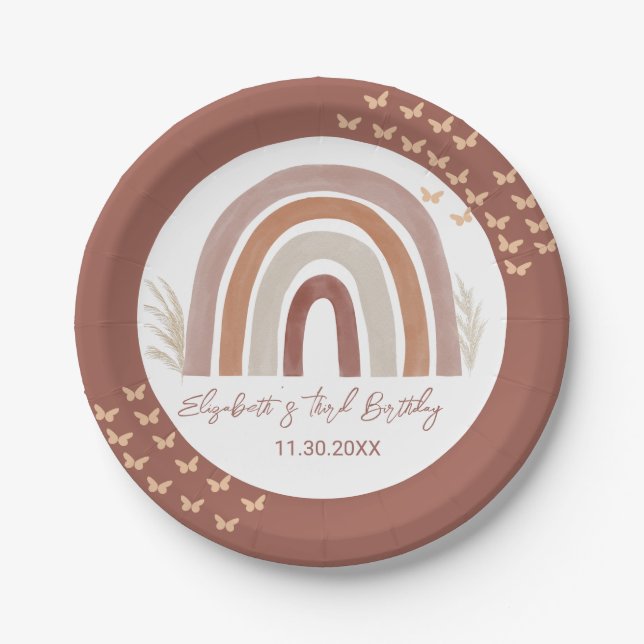 Boho Rainbow | Pampas Grass | Third Birthday  Pape Paper Plates (Front)