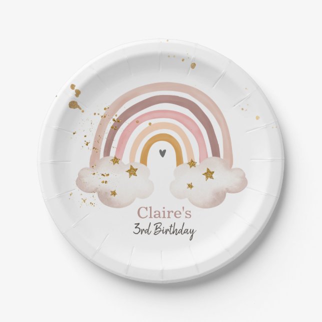 Boho Rainbow Party Neutral Earth Tones Modern Paper Plates (Front)