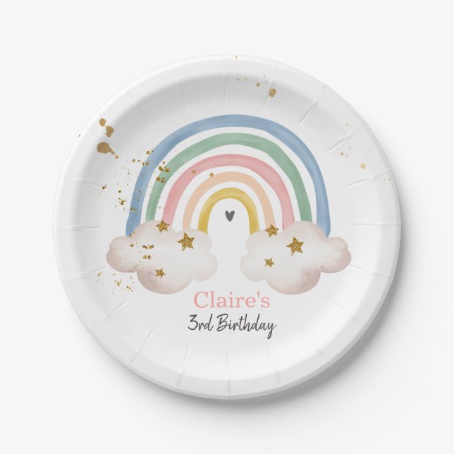 Boho Rainbow Party Rainbow Birthday Pastel Modern Paper Plates (Front)