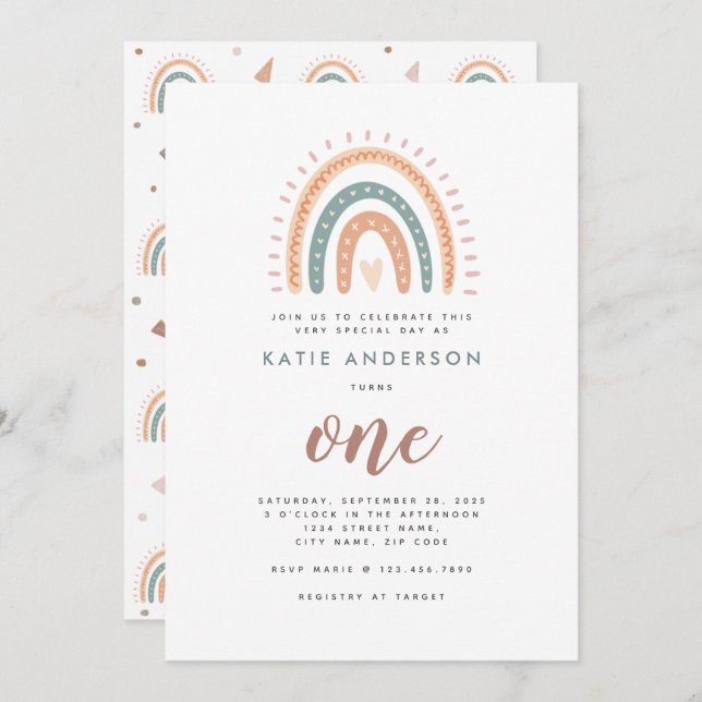 Boho Rainbow Pastel First Birthday Invitation (Front/Back)