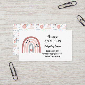 Boho Rainbow Pastel Heart Babysitting Business Card