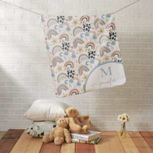 Boho Rainbow Pattern Modern Script Monogram Baby Blanket