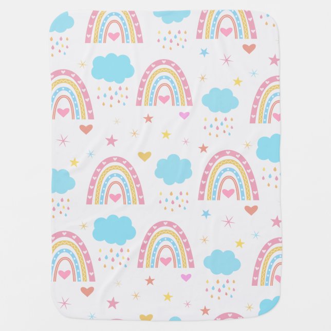 Boho rainbow pattern with clouds pastel   baby blanket (Front)
